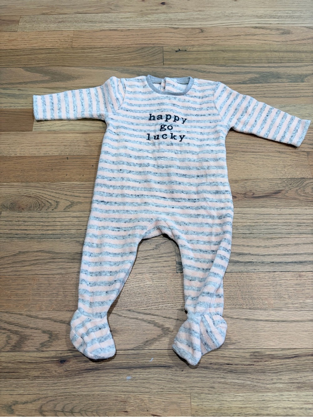 Baby girl Happy Go Lucky striped terry cloth long sleeve footed onesie